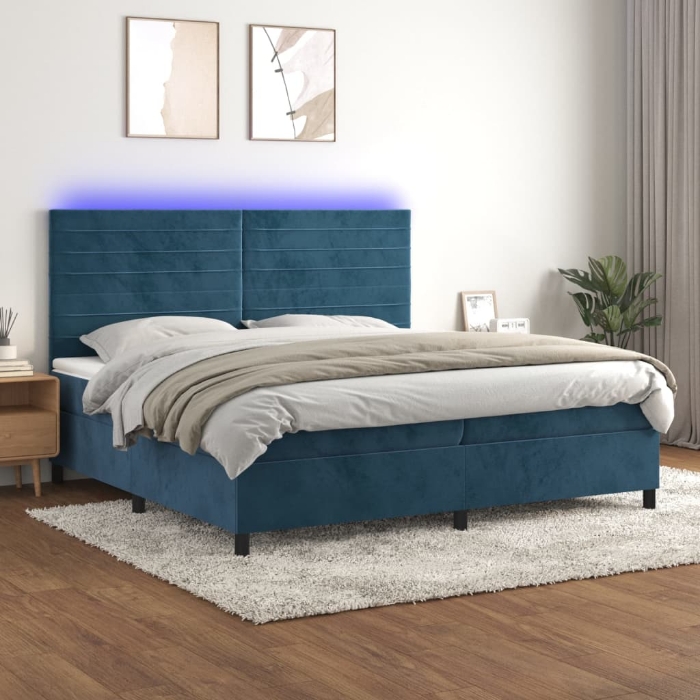 Εικόνα της Κρεβάτι Boxspring με Στρώμα & LED Σκ. Μπλε 200x200εκ. Βελούδινο Hobbo