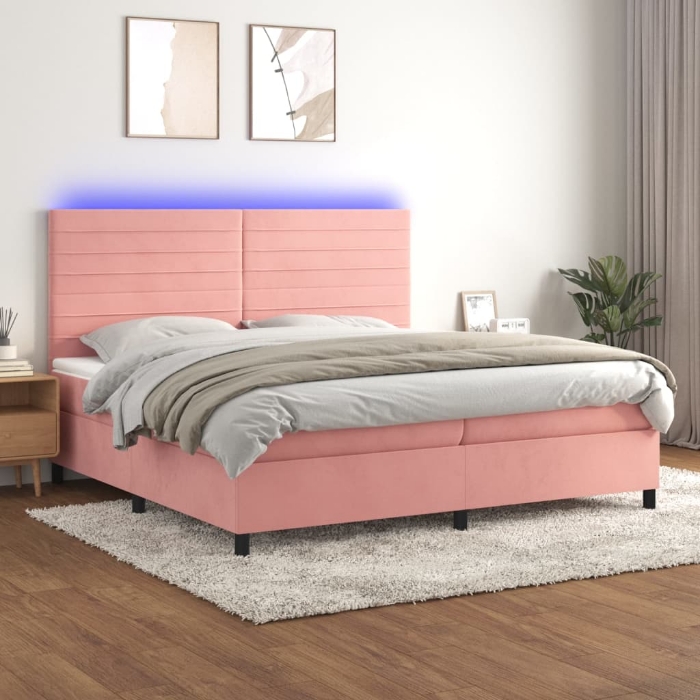 Εικόνα της Κρεβάτι Boxspring με Στρώμα & LED Ροζ 200x200 εκ. Βελούδινο Hobbo