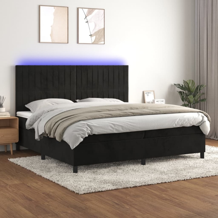 Εικόνα της Κρεβάτι Boxspring με Στρώμα & LED Μαύρο 200x200 εκ. Βελούδινο Hobbo