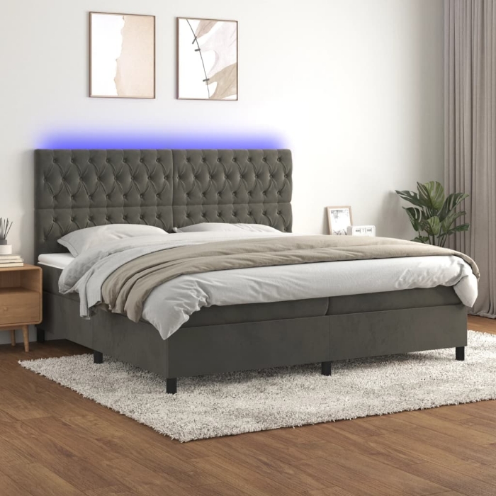 Εικόνα της Κρεβάτι Boxspring με Στρώμα & LED Σκ. Γκρι 200x200εκ. Βελούδινο Hobbo