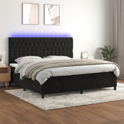 Εικόνα της Κρεβάτι Boxspring με Στρώμα & LED Μαύρο 200x200 εκ. Βελούδινο Hobbo