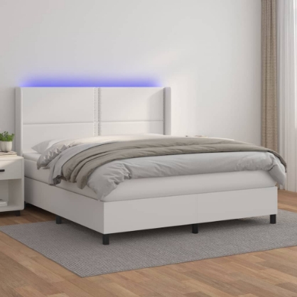 Εικόνα της Κρεβάτι Boxspring με Στρώμα & LED Λευκό 180x200 εκ. Συνθ. Δέρμα Hobbo