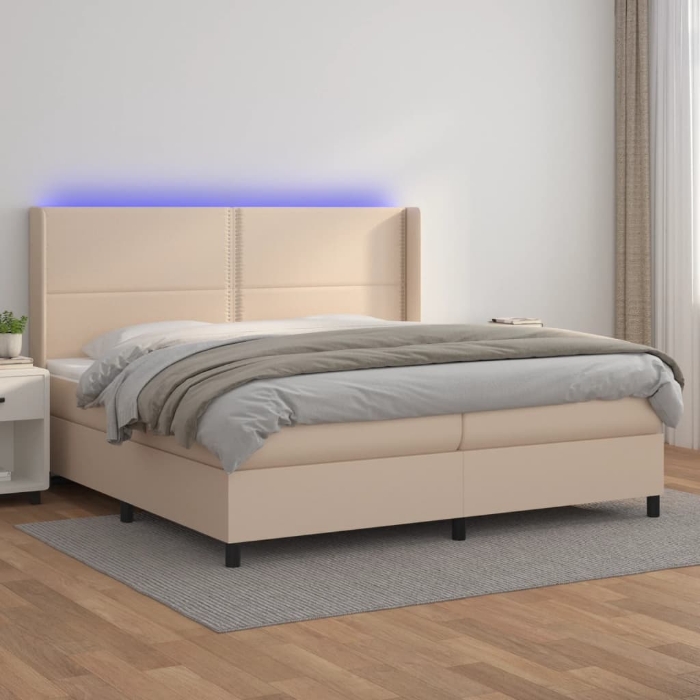 Εικόνα της Κρεβάτι Boxspring Στρώμα&LED Καπουτσίνο 200x200 εκ. Συνθ. Δέρμα Hobbo