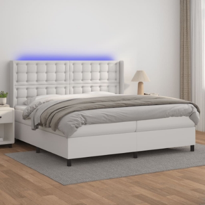 Εικόνα της Κρεβάτι Boxspring με Στρώμα & LED Λευκό 200x200 εκ. Συνθ. Δέρμα Hobbo