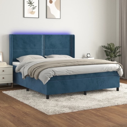 Εικόνα της Κρεβάτι Boxspring με Στρώμα & LED Σκ. Μπλε 180x200εκ. Βελούδινο Hobbo