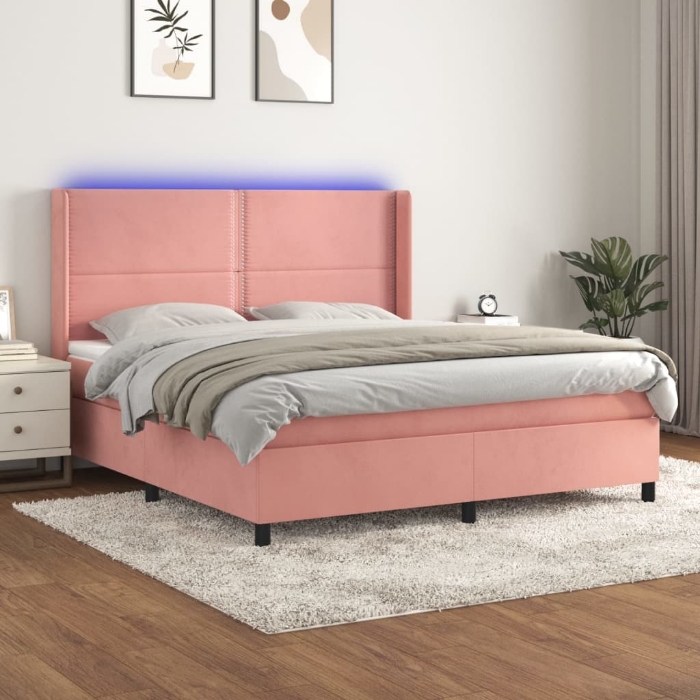 Εικόνα της Κρεβάτι Boxspring με Στρώμα & LED Ροζ 180x200 εκ. Βελούδινο Hobbo