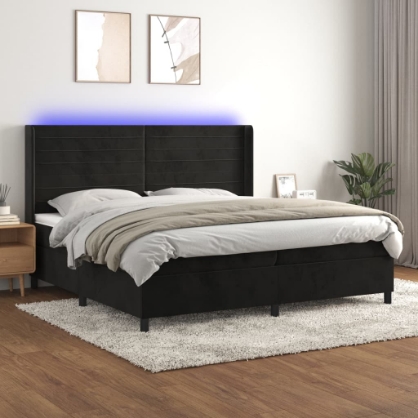 Εικόνα της Κρεβάτι Boxspring με Στρώμα & LED Μαύρο 200x200 εκ. Βελούδινο Hobbo