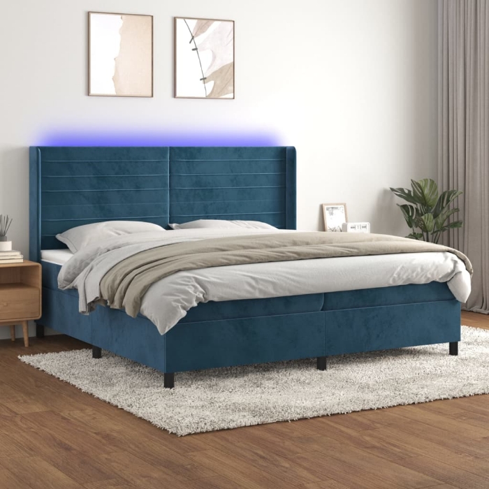 Εικόνα της Κρεβάτι Boxspring με Στρώμα & LED Σκ. Μπλε 200x200εκ. Βελούδινο Hobbo