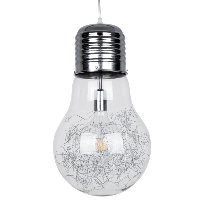 Εικόνα της GloboStar® LAMP 01677 Κρεμαστό Φωτιστικό Οροφής Μονόφωτο 1 x E27 Ασημί Νίκελ Μεταλλικό Διάφανο Γυαλί Φ30 x Υ52cm