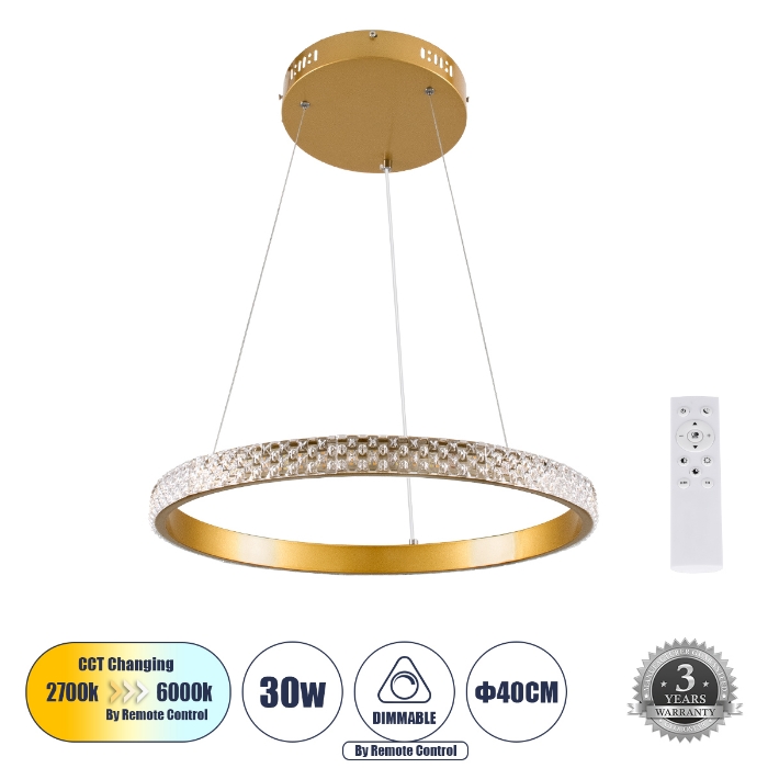 Εικόνα της GloboStar® DIAMOND 61129 Κρεμαστό Φωτιστικό Δαχτυλίδι-Κύκλος LED CCT 30W 3513lm 360° AC 220-240V