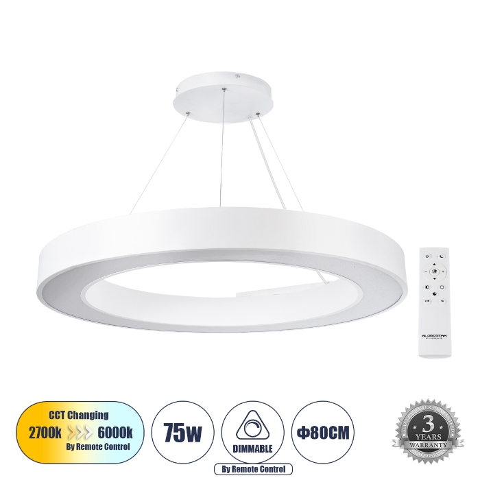 Εικόνα της GloboStar® RA 61197 Κρεμαστό Φωτιστικό Δαχτυλίδι-Κύκλος LED CCT 75W 8250lm 120° AC 220-240V