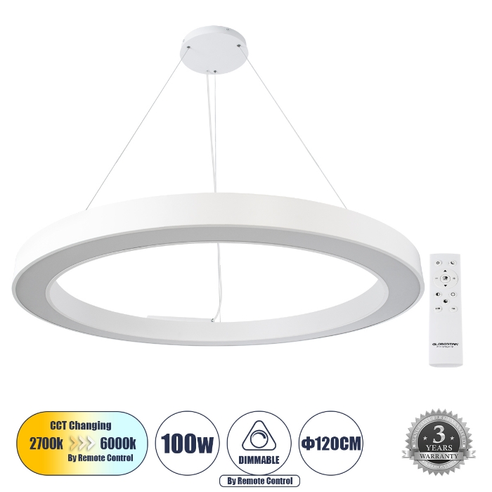 Εικόνα της GloboStar® RA 61199 Κρεμαστό Φωτιστικό Δαχτυλίδι-Κύκλος LED CCT 100W 11020lm 120° AC 220-240V